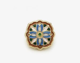 20 mm Emaille Inlay Floral Metall Ösen Knöpfe, blau, weiß & grün Blume mit bronzefarbener Umrandung, 5er-Pack(B1751)