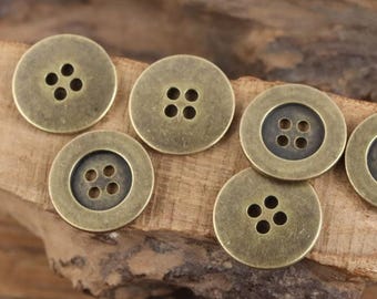 Antique Brass 4-Hole Metal Buttons, Wide Edge, Slightly Aged Finish, 11.5mm, 12.5mm, 15mm, 18mm, 20mm, 23mm or 25mm, Pack of 10(B1301)
