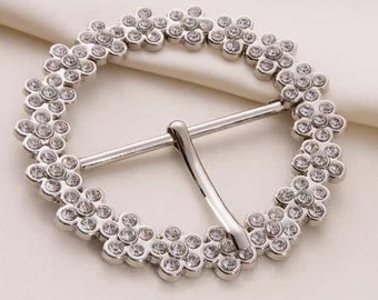 Diamante Buckles, Metal, Silver Tone, Round and Flower Design, Fit Belt 35mm or 50mm, 2 Sets(B678)