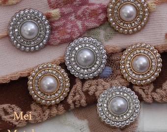 Rhinestone Button, Pearl Effect Rhinestone, Large Pearl Center with Shank, 18mm, 22mm, 25mm, Pack of 6(B051)