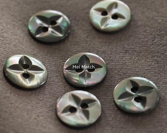 Black Pearl Shell Buttons with a Four-Petal Carved Design, 11.5mm/0.45“, Pack of 10(B1402)