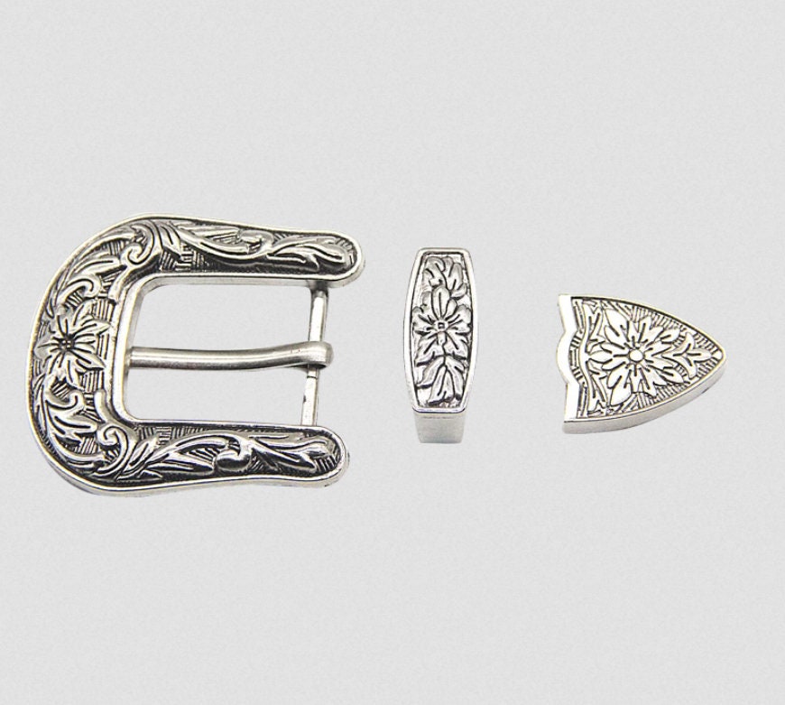 Metal Buckle in Silver Tone, Flower Design, Fit 25mm Belt, 1 Set(B312)