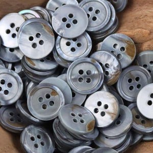 Natural Grey Blue Shell Buttons, with Unique Brown Streaks, 4 Hole, 9mm, 10mm, 11.5mm, 12.5mm, 15mm, 20mm, Pack of 10(B1450)