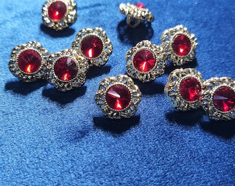 Red Gem-Style Decorative Metal Buttons with Shank, 12mm / 0.47", Pack of 10(B1583)