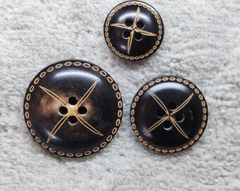 Black Horn Buttons with Brown Floral Design, 15mm, 20mm, 25mm, Pack of 10(B500)