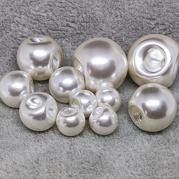 Ball Pearl Buttons with hole, Ivory White Round Ball Perlized buttons, 8mm to 25mm Artificial Pearl Beads