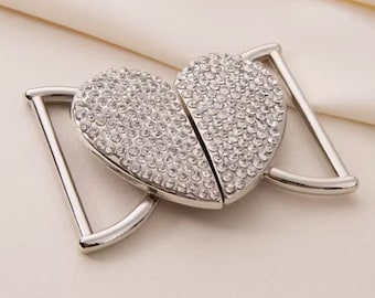 Fibbie a forma di cuore con strass di cristallo, metallo, tono argento, per cintura da 25 mm/0,98" o 35 mm/1,37", 2 set(B679)