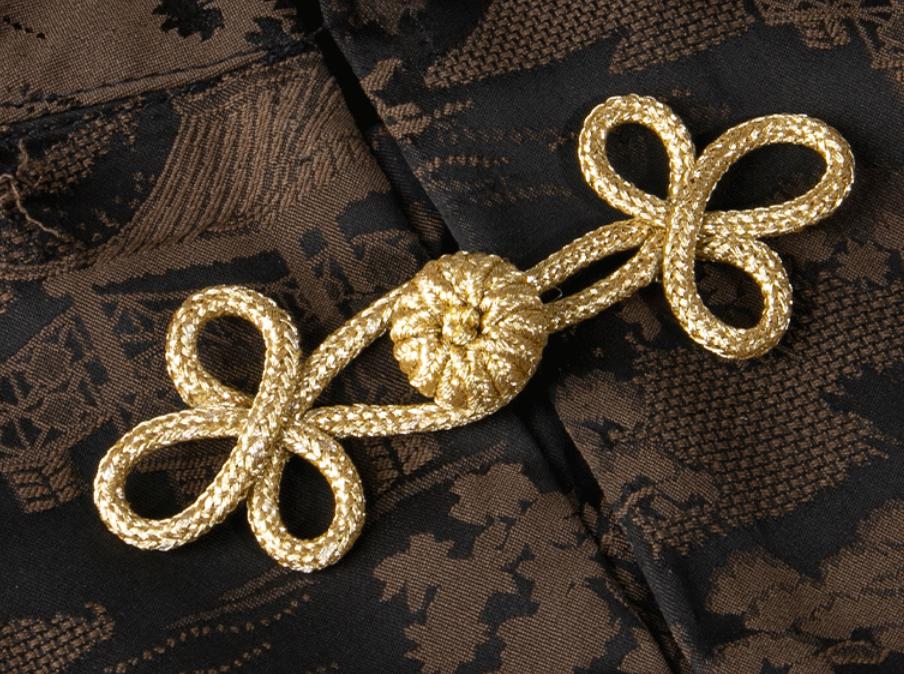 2 Fermoirs Boutons Chinois Grand Noeud Grenouille Brodés Or - Lot De 2, Neuf, Polyester