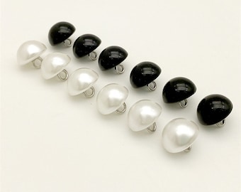 10 boutons nacrés blancs ou noirs, demi-dôme avec tige en métal, 9 mm, 10 mm, 11 mm (B50)