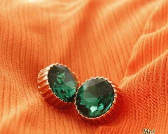 Jewel Round Buttons Green, 11mm/ 0.43", Golden Metal Shank Back, Pack of 6(B569)