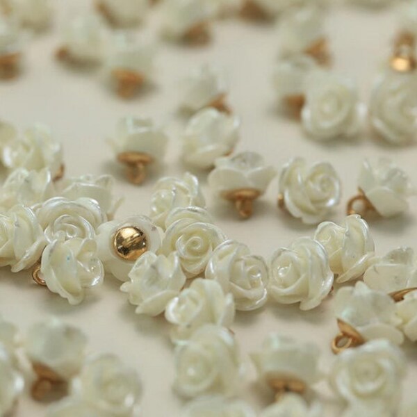 White Rose Flower Buttons with Golden Shank, 15mm/ 0.59", Pack of 10(B367)