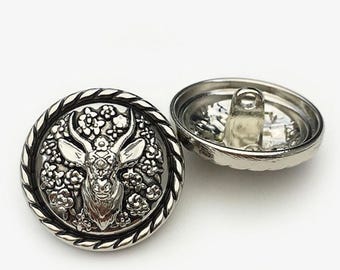 Silver Tone Metal Shank Buttons with Deer and Floral Design, 18mm, 23mm, Pack of 5(B1842)