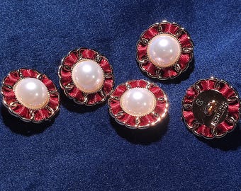 Burgundy Ribbon-Style Pearl Buttons, 17.5mm, 20mm, 23mm, 25mm, Metal Shank, Pack of 5(B1941)