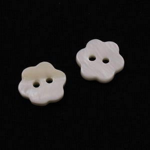 May include: Two white, two-hole, flower-shaped buttons.