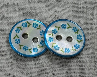 15 mm Muschelknöpfe, 2 Loch, Perlweiß mit Himmelblau Blumenmuster, 10er Pack(B2158)