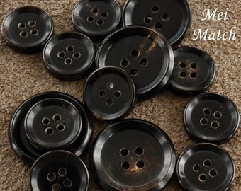 Set di 3 bottoni in corno per abito, corno naturale nero, 14 pezzi per giacca e pantaloni (B1452)