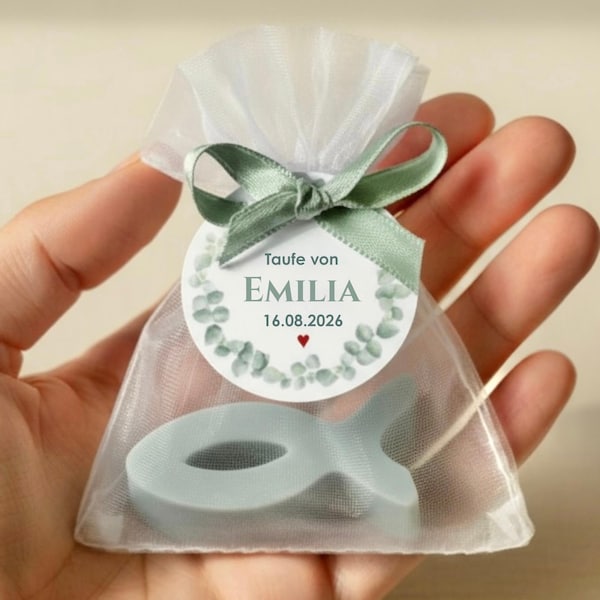 Gastgeschenk FISCH SEIFE zur Kommunion Konfirmation Taufe | handgemachte Seife| mit Eukalyptus Motiv | Geschenk für eure Gäste