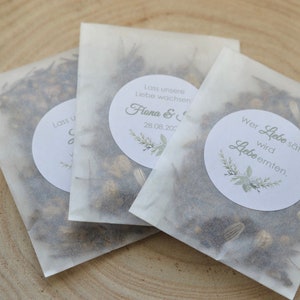 Flower seeds, personalized wedding favors, baptism, communion, confirmation - Let our love grow - Glad you're here!