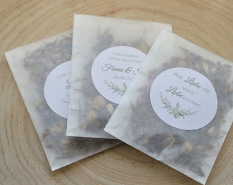 Flower seeds, personalized wedding favors, baptism, communion, confirmation - Let our love grow - Glad you're here!