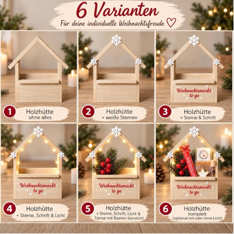 Ein Set aus sechs holzfarbenen Häuschen in verschiedenen Ausführungen. Die Strukturen bestehen aus hellem Holz, teilweise mit weißen Sternen, dem roten Schriftzug 'Weihnachtsmarkt to go', integrierten Lichterketten sowie künstlichen Tannenzweigen und Beeren.