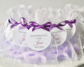 Favors for baptisms/communions or weddings etc. Handmade soap personalized label with eucalyptus motif