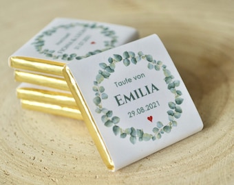 Gastgeschenke zur Hochzeit, Taufe, Kommunion, Konfirmation - personalisierte Schokolade, Schokotäfelchen quadratisch gold mit Wunschtext