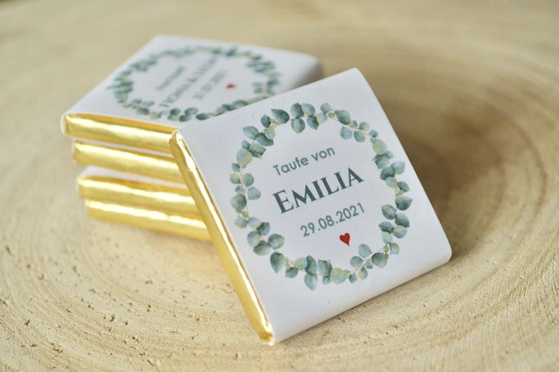 Gastgeschenke zur Hochzeit, Taufe, Kommunion, Konfirmation personalisierte Schokolade, Schokotäfelchen quadratisch gold mit Wunschtext Bild 1