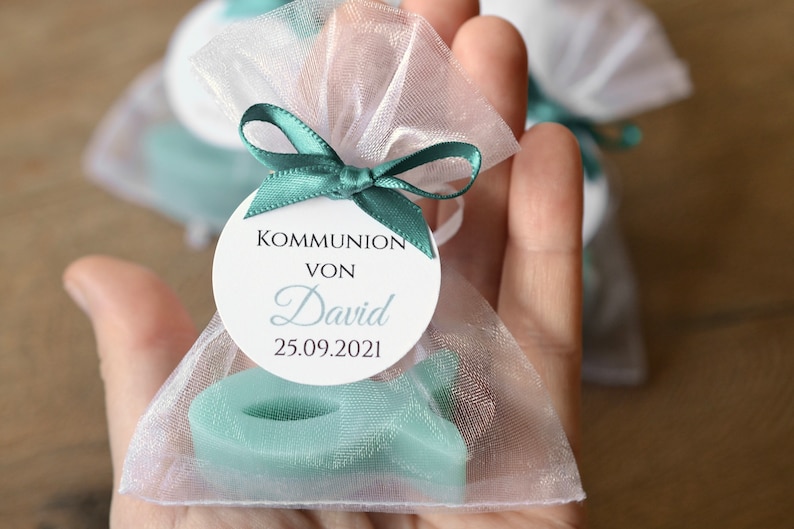 Favors for baptisms/communions or weddings etc. Handmade soap personalized label with eucalyptus motif image 7