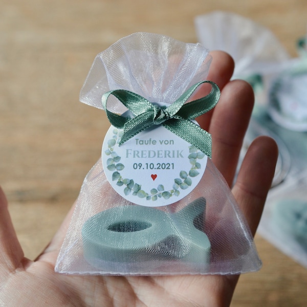 Favors for baptisms/communions or weddings etc. Handmade soap personalized label with eucalyptus motif