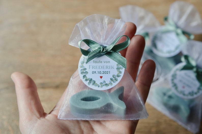 Favors for baptisms/communions or weddings etc. Handmade soap personalized label with eucalyptus motif image 1