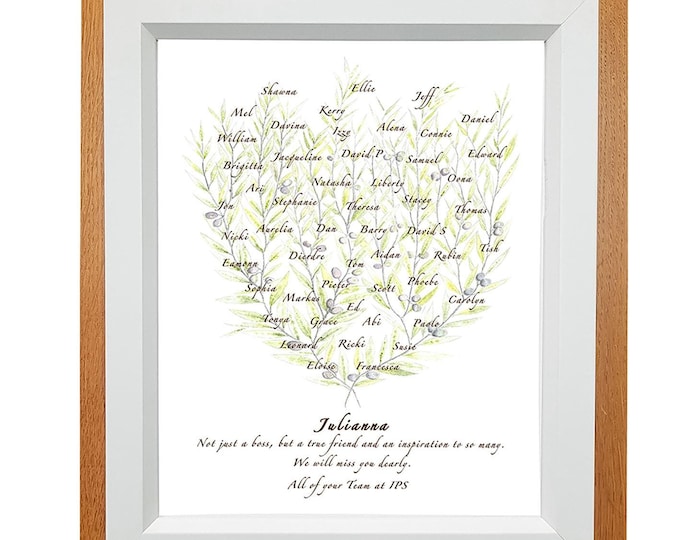 Show appreciation to boss, mentor, teacher or colleague. An artwork filled with coworker or pupil names, personalised quote.  Framing option
