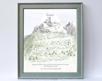personalised hiking, skiing or mountain climbing lover print as office team gift for mentor or boss with inspirational quote.