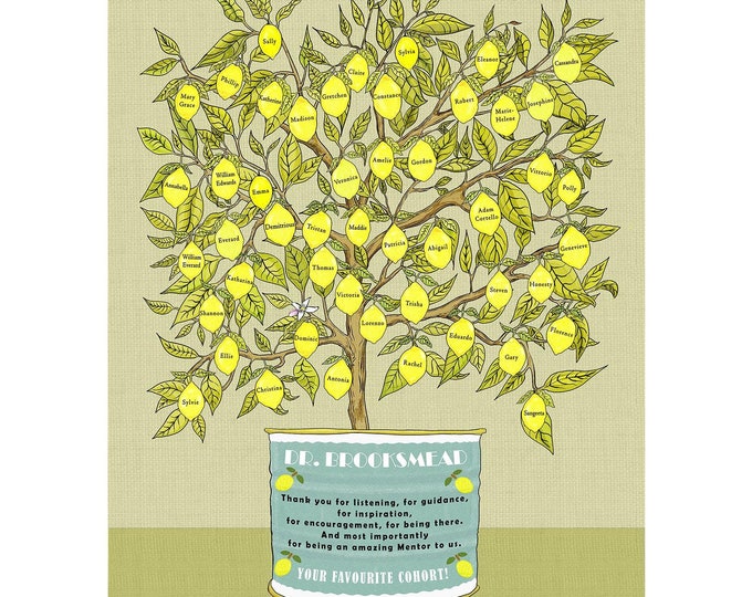 PRINTABLE Boss, Teacher or Mentor Gift with colleague names or words in lemon tree artwork.  Perfect retirement or leaving present.