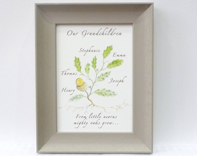 From Little Acorns Mighty Oaks Grow.  A perfect gift to celebrate a New Baby or a gift for the proud Grandparents.