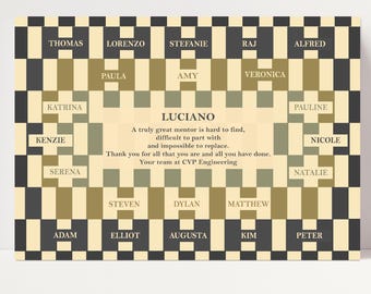 Boss retirement print with names of colleagues in minimalist geometric black and cream style, ideal for male or female mentor leaving gift.