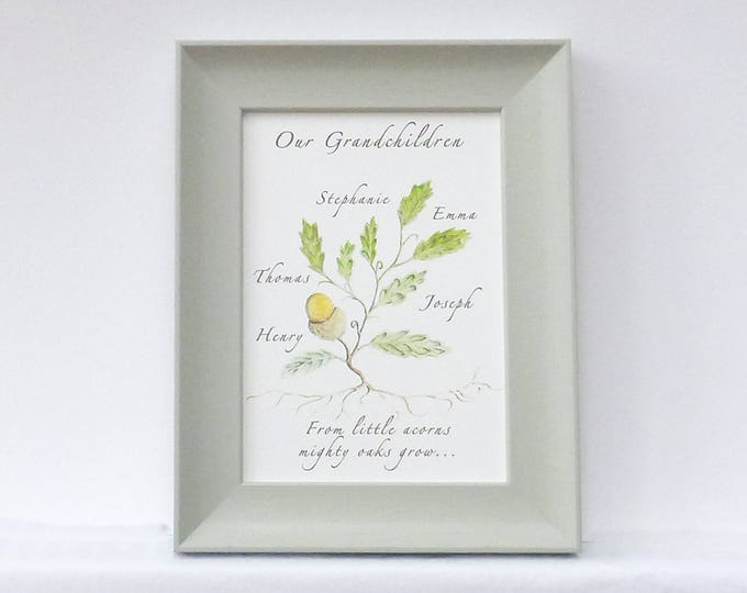 From Little Acorns Mighty Oaks Grow.  A perfect gift to celebrate a New Baby or a gift for the proud Grandparents.