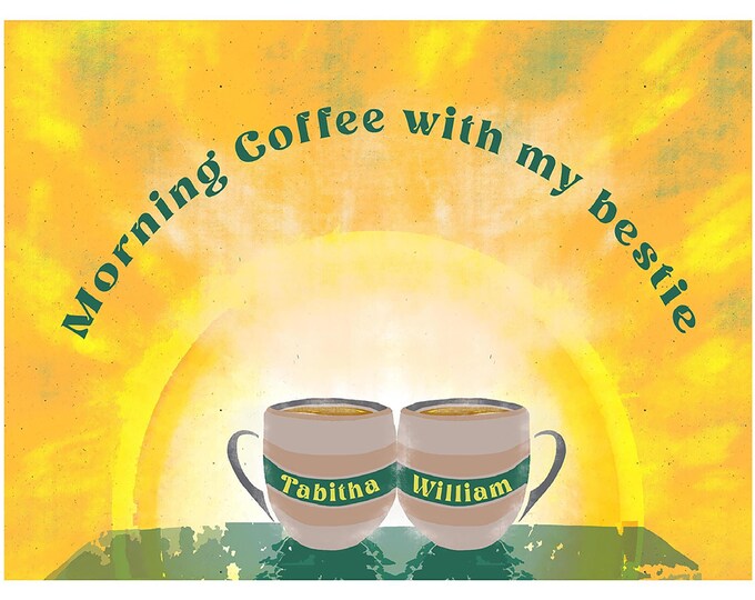 Couple or family personalised gift, with coffee at sunrise and inspirational quote. Great wedding print for new home or family kitchen