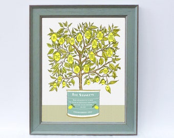 Ancestors & descendants art print. Family names in lemon tree with personalised quote.  5 generation tree for parents, grandparents, sibling