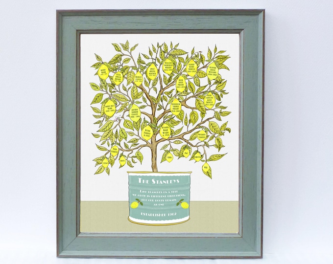 Ancestors & descendants art print. Family names in lemon tree with personalised quote.  5 generation tree for parents, grandparents, sibling