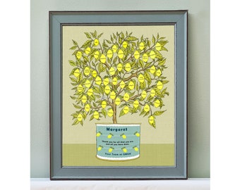 Personalised leaving or retirement gift for boss, mentor, teacher or colleague.  Names of office coworkers sit in lemon tree art print.