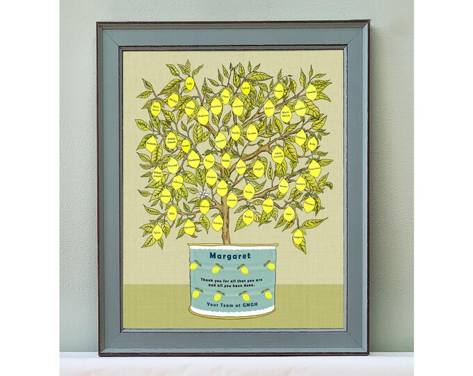 Personalised leaving or retirement gift for boss, mentor, teacher or colleague.  Names of office coworkers sit in lemon tree art print.