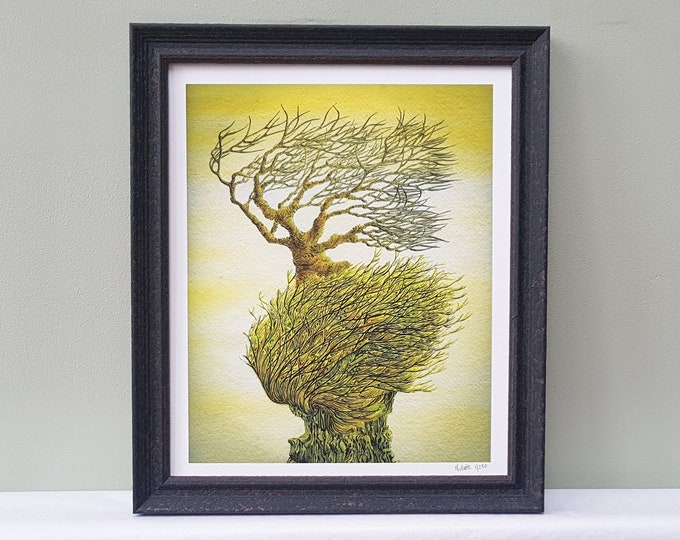 Framed Limited Edition signed print of watercolour pen ink vibrant painting of windswept tree on rugged rock. Stormy coastal abstract art