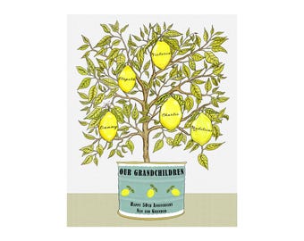 Anniversary or Christmas gift for parents or grandparents from children or grandchildren.  Names in lemon tree print with personal message