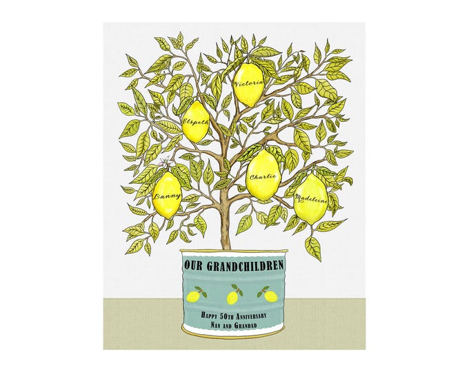 Anniversary or Christmas gift for parents or grandparents from children or grandchildren.  Names in lemon tree print with personal message
