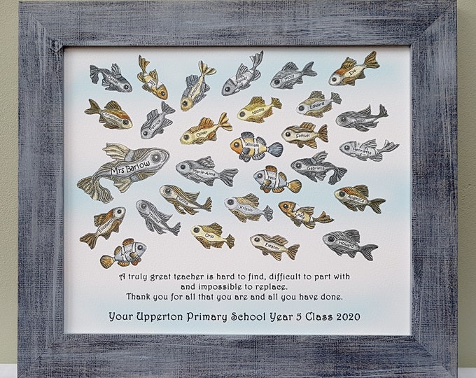 Framed Christmas thank you print with school of fish personalised with names of pupils, classmates, workmates for teacher, mentor, boss gift