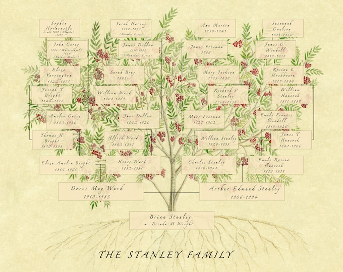 Family Tree Chart Print customised with your ancestors and descendants on a rowan tree watercolour artwork. Perfect anniversary gift.