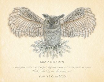 Wise Owl Personalised Teacher or Mentor Print, Gift with class or colleague names.  Retirement or Appreciation Owl art.