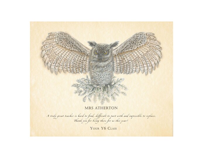 Printable Wise Owl Personalised Teacher or Mentor Art. Gift with class or colleague names.  Retirement or Appreciation.  Jpeg file.