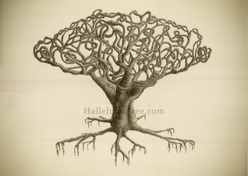 Giclee print of watercolour and pen and ink artwork featuring an abstract tree with tangled, twining branches in sepia image 1