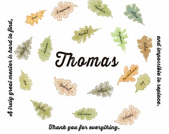 California Oak Boss, Mentor or Teacher Retirement Gift. Personalised with names of colleagues and custom quote. Leaving, moving on print.